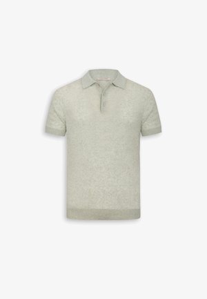 Hellgraues kurzärmliges Strick-Poloshirt mit Kragen und drei Knöpfen, strukturierter Stoff sowie gerippte Bündchen und Saum.