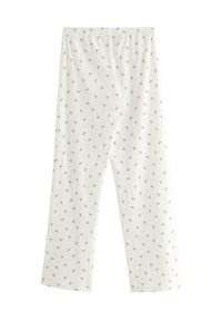 Hvide pyjamasbukser med blå blomstermotiv, lavet af letvægtsstof, med elastisk talje og lige ben-design.