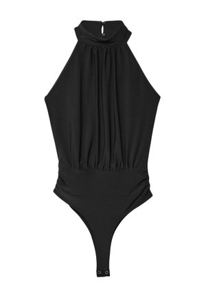 Zwarte mouwloze halterbodysuit met hoge kraag, knoopsluiting bij de hals, geplooide stof bij de taille en drukknoopsluiting bij het kruis.