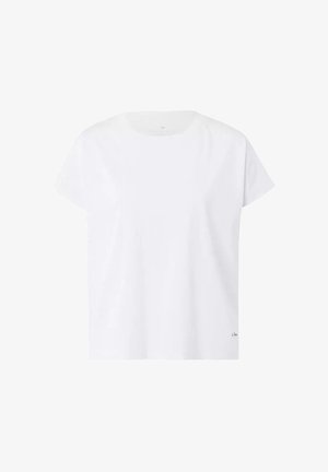 Biała bawełniana koszulka z okrągłym dekoltem, z krótkim rękawem, luźny fason i subtelny detal z logo w dolnym prawym rogu. Gładka, lekka tekstura.