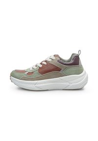 Casual sneaker with brown, green, and beige suede panels, white laces, padded collar, and thick white textured sole.