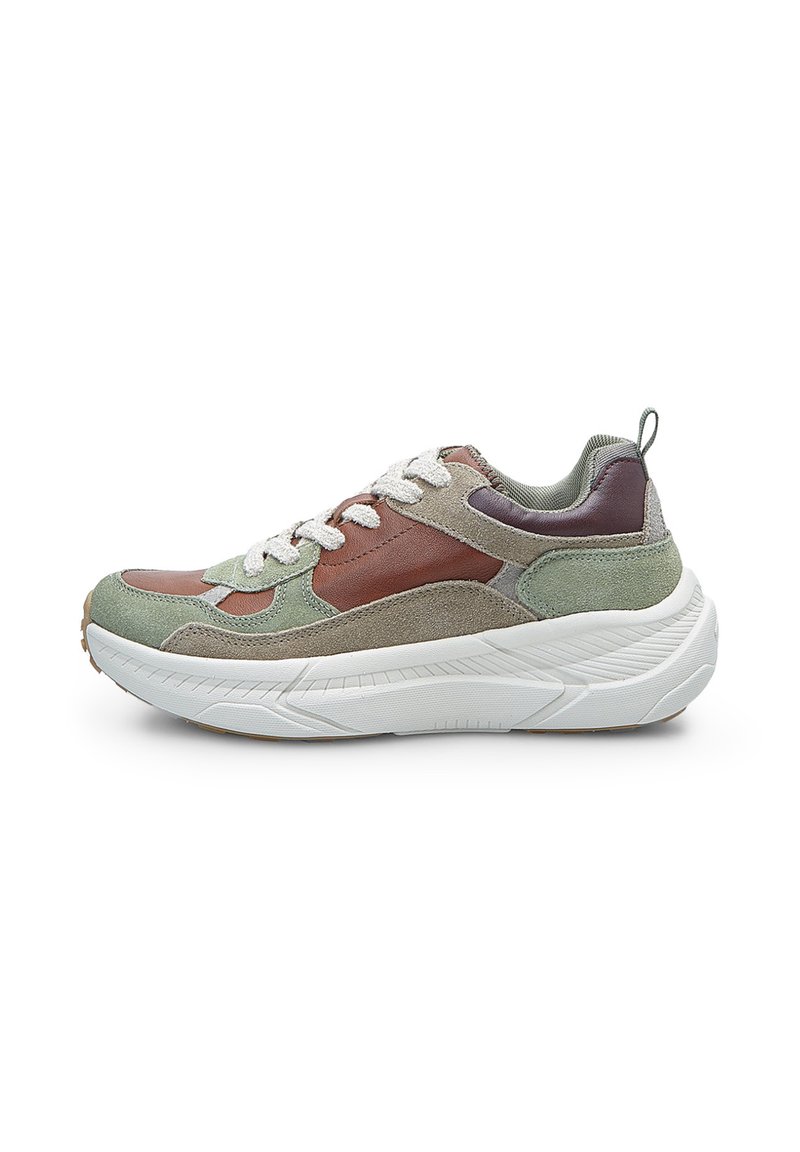 Casual sneaker with brown, green, and beige suede panels, white laces, padded collar, and thick white textured sole.