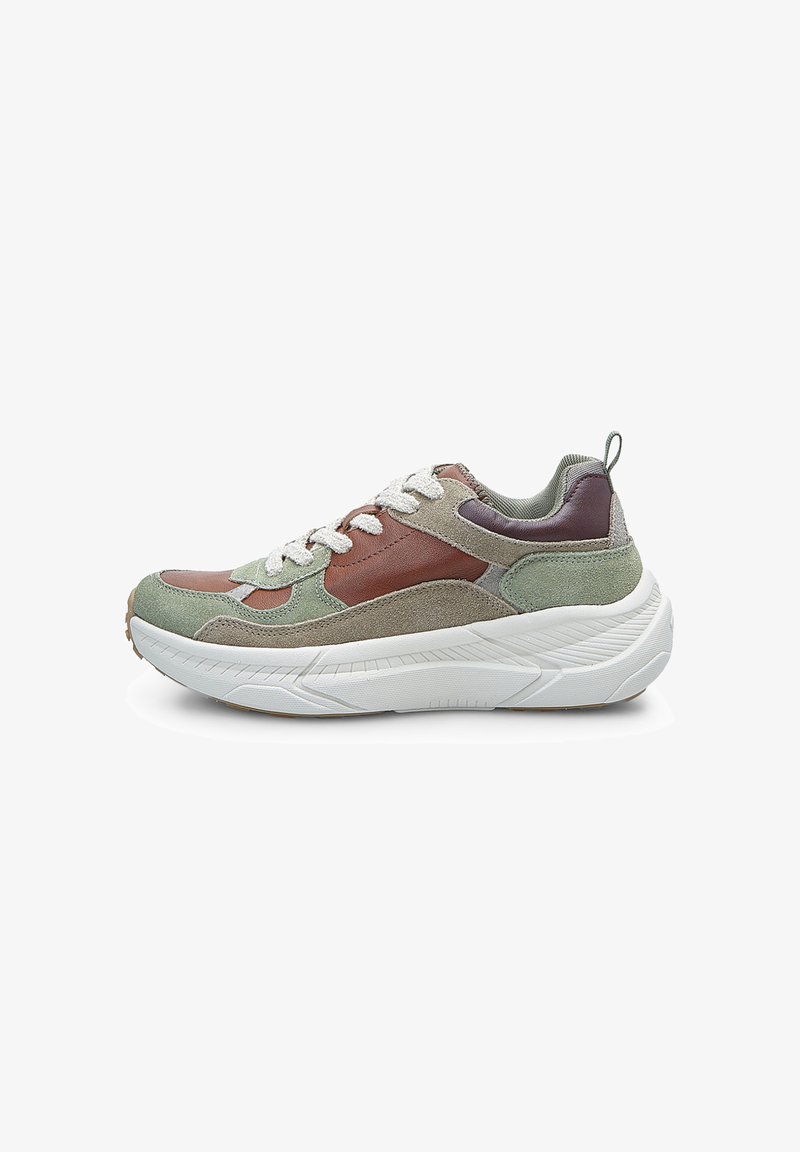 Casual sneaker with brown, green, and beige suede panels, white laces, padded collar, and thick white textured sole.