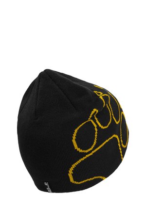Zwarte gebreide muts met geel abstract lijnpatroon en een klein stoffen label aan de zijkant.
