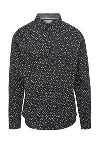 Zwarte langesleeve shirt met een wit stippenpatroon, knopenlijst en een klassieke kraag. Zachte stoftextuur.