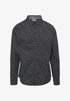Czarna koszula z długim rękawem z białym wzorem w kropki, zapinana na guziki, z klasycznym kołnierzykiem. Miękka tekstura materiału.