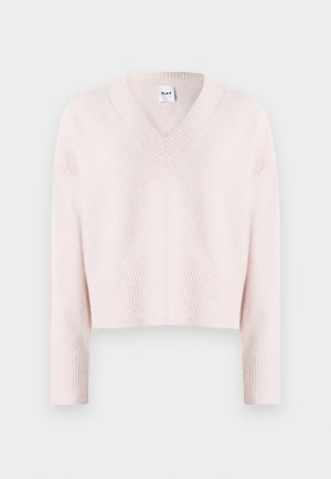 Light pink cropped sweater with a v-neck, ribbed neckline and hem. Made of soft, fuzzy material with long sleeves and dropped shoulders.