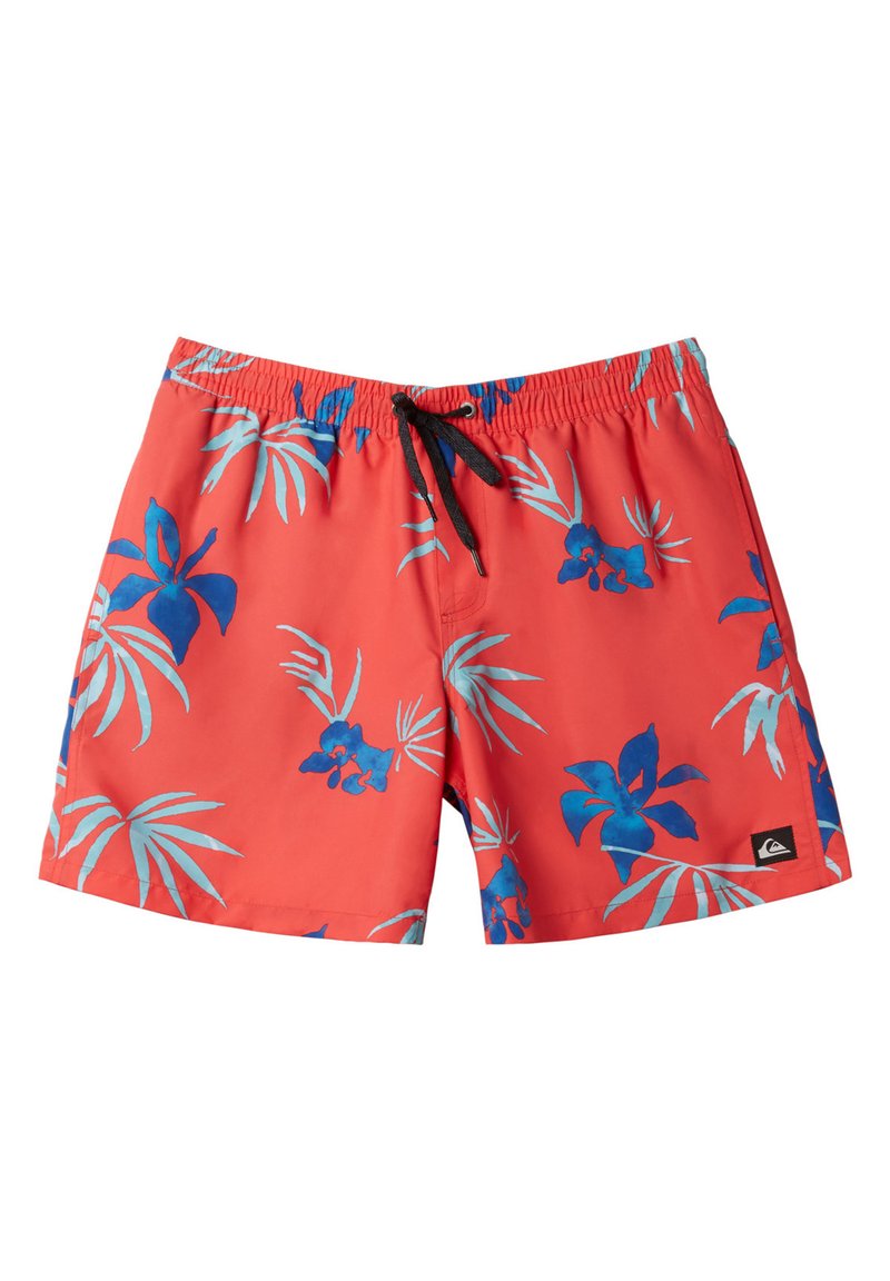 Bañador rojo con un patrón de flores y hojas en azul. El diseño incluye un cordón negro y una pequeña etiqueta de logo negra.