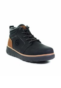 Bottines noires et marron avec un laçage à l'avant, semelle rembourrée et col en tissu doux pour une utilisation décontractée.