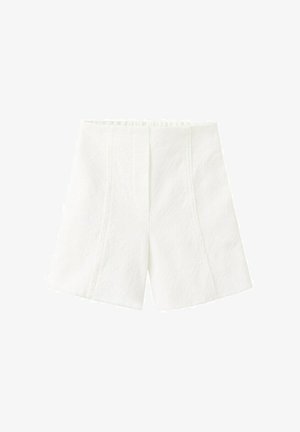 Weiße Shorts aus Frottee mit hoher Taille und subtilen vertikalen Nahtdetails, entworfen für Freizeit- oder Loungebekleidung.