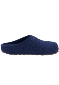 Navy felt clog with a rounded toe, slip-on design, textured surface, and a flat rubber sole. Suitable for indoor wear.