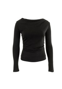 Maglietta nera a maniche lunghe con scollatura a barca, realizzata in un tessuto morbido ed elastico. Presenta dettagli arricciati sui lati per una texture aggiuntiva.