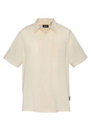 Chemise à manches courtes de couleur crème, boutonnée sur le devant, avec col pointu et poche poitrine brodée du nom de la marque "Schott".