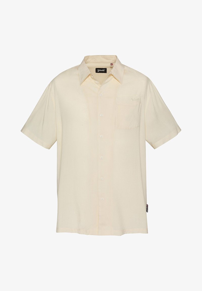Chemise à manches courtes de couleur crème, boutonnée sur le devant, avec col pointu et poche poitrine brodée du nom de la marque "Schott".