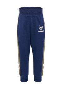 Marineblaue Sweatpants mit olivgrünen Seitenpanelen, ausgestattet mit einem gesteppten Taillenbund und weißem Logo. Die gerippten Bündchen am Knöchel verbessern die Passform und das Design.