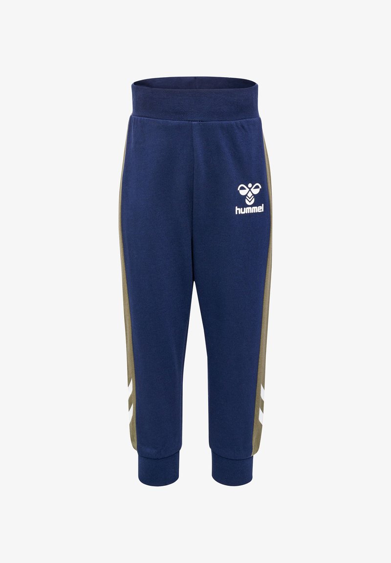 Marineblaue Sweatpants mit olivgrünen Seitenpanelen, ausgestattet mit einem gesteppten Taillenbund und weißem Logo. Die gerippten Bündchen am Knöchel verbessern die Passform und das Design.