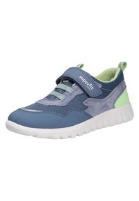Blaue und grüne Kindersneaker mit weißer Sohle, aus Mesh und Wildleder, elastischen Schnürsenkeln und einem Klettverschluss mit der Aufschrift "superfit".