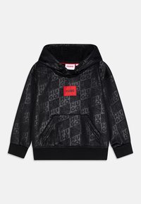 Felpa nera con un motivo testurizzato e stampa del logo. Presenta una tasca a marsupio frontale e una patch del logo rossa. Tessuto morbido, cappuccio regolabile.