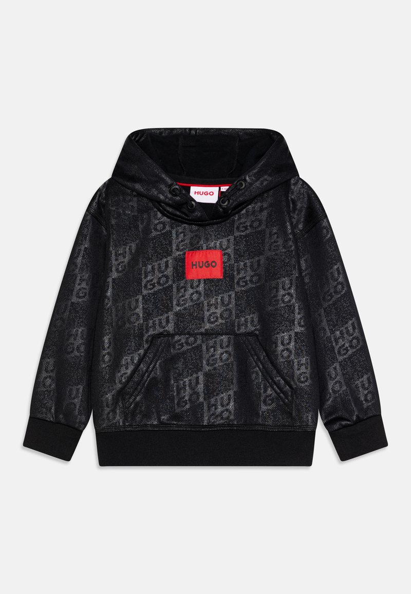 Felpa nera con un motivo testurizzato e stampa del logo. Presenta una tasca a marsupio frontale e una patch del logo rossa. Tessuto morbido, cappuccio regolabile.