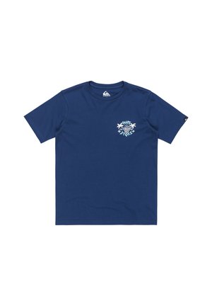 Navy blue short-sleeve t-shirt made of cotton, featuring a circular white graphic design on the left chest with text and palm tree accents.