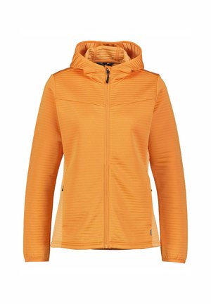Orange zip-up hoodie with a textured, ribbed pattern. Features a hood, side pockets, and black zipper detailing. Made from stretchy material.