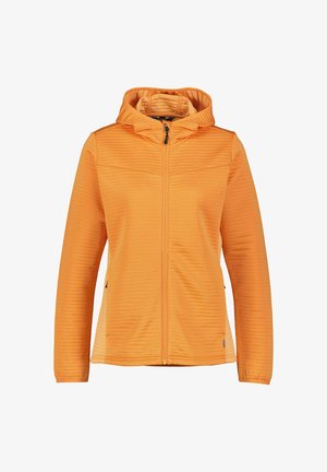 Orange zip-up hoodie with a textured, ribbed pattern. Features a hood, side pockets, and black zipper detailing. Made from stretchy material.