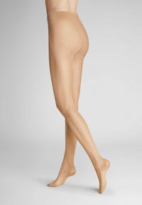Beige transparente Strumpfhosen mit matter Oberfläche, nahtlosem Design und einem Bund. Der Stoff wirkt glatt und leicht und schmiegt sich an das Bein.