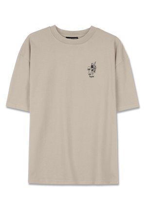 Bež majica od pamuka s kratkim rukavima i okruglim izrezom. Na prednjem dijelu ima mali crni grafički print koji prikazuje posuđe i biljke.