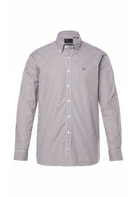 Camisa de cuadro de manga larga con un patrón en blanco, marrón y azul marino, cuello, botones y un bolsillo en el pecho con un logo.