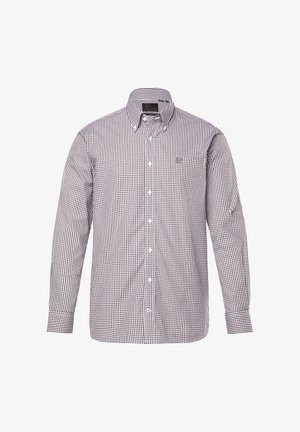 Chemise à manches longues à carreaux avec un motif blanc, marron et marine, col, boutons et une poche poitrine avec un logo.