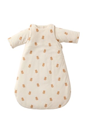 Einschlafsack in Cremefarbe mit kurzen Ärmeln, aus weichem Stoff, mit einem teddyplüschdruck in hellbraun über die gesamte Fläche.