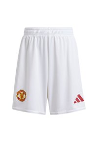 Shorts de sport blancs fabriqués en tissu léger. Présentent un logo rouge de Manchester United et un logo rouge d'Adidas sur la jambe gauche. Taille élastique.