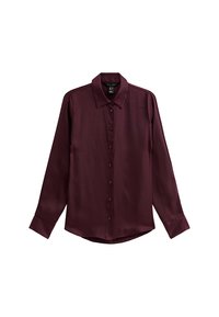 Burgundowa, long-sleeve koszula zapinana na guziki, wykonana z gładkiego, błyszczącego materiału, z klasycznym kołnierzykiem i prostym dołem. Sześć guzików z przodu.