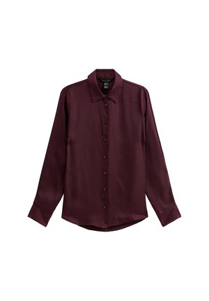 Camisa de manga larga color burdeos, con botón, hecha de una tela suave y brillante, con un cuello clásico y un dobladillo recto. Seis botones en la parte frontal.