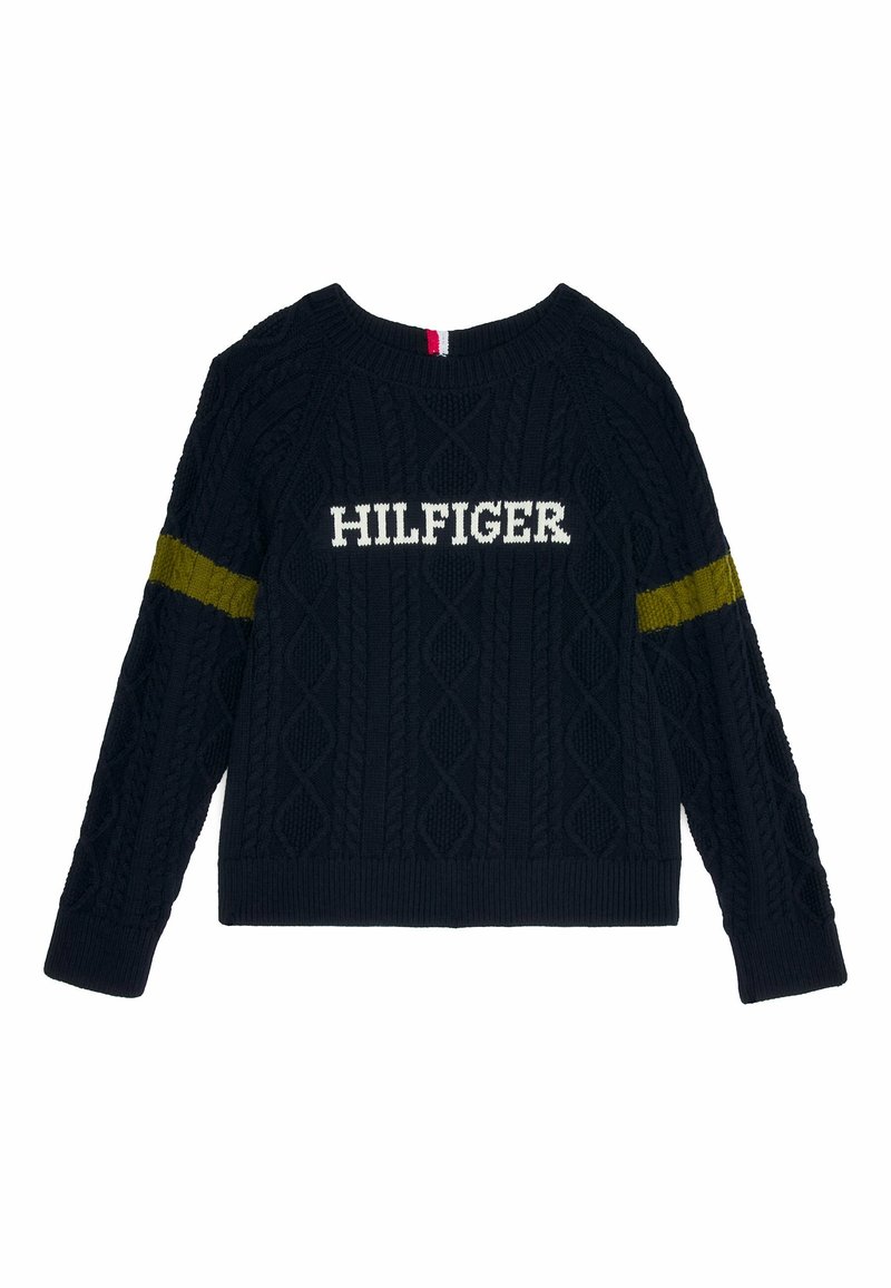 Pull en maille bleu marine avec des motifs en câble, col rond et un logo "HILFIGER" blanc sur la poitrine, avec une bande olive sur la manche.