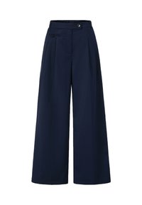 Navyblauwe wijde broek met hoge taille, sluiting met knopen aan de voorkant, riemlussen en een klein ritszakje met een knoop aan de rechterkant.