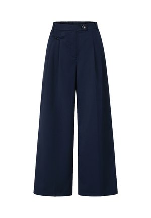 Navyblaue weit geschnittene Hosen mit hoher Taille, Knopfverschluss vorne, Gürtelschlaufen und einer kleinen Reißverschlusstasche mit Knopf auf der rechten Seite.