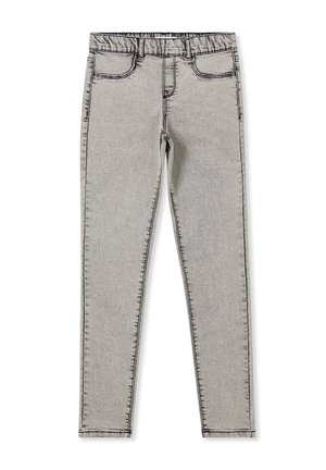 Jeans grigi chiaro con una cintura elastica, due tasche frontali e dettagli di cucitura scuri. Il tessuto ha una consistenza liscia.