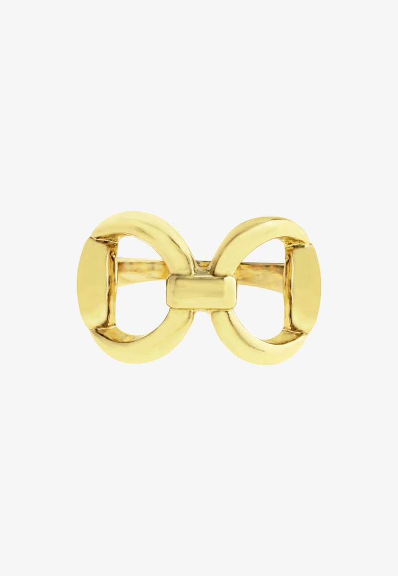 Gold metal oval-shaped buckle with interlocking loops, featuring a smooth, shiny finish and a central rectangular bar.