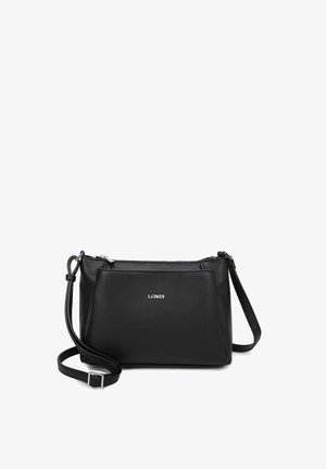 Borsa a tracolla in pelle nera con chiusura a zip, caratterizzata da una forma rettangolare, tracolla regolabile e un discreto dettaglio logo sul davanti.