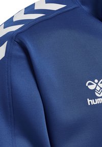 Primer plano de tela azul con rayas en zigzag blancas en el hombro y un logo blanco de colibrí con texto en el pecho.