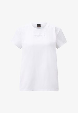White cotton t-shirt with a round neck and short sleeves, featuring the text "FIRE+ICE" in decorative design on the front.