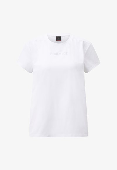 White cotton t-shirt with a round neck and short sleeves, featuring the text "FIRE+ICE" in decorative design on the front.