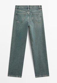 Light blue, straight-leg jeans with a high waist, five pockets, and subtle fading. Made from denim with a textured surface.