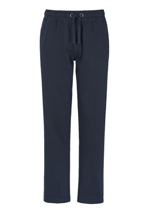 Navyblauwe sweatpants gemaakt van zachte stof met een elastische tailleband, verstelbare trekkoord en recht model. Glad oppervlak, zonder patronen.