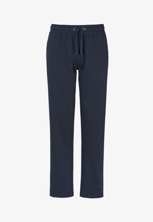 Navyblauwe sweatpants gemaakt van zachte stof met een elastische tailleband, verstelbare trekkoord en recht model. Glad oppervlak, zonder patronen.