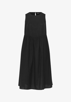 Robe midi noire sans manches avec encolure ronde, corsage ajusté, taille froncée et jupe fluide.