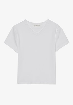 Biały krótki rękaw T-shirt z dekoltem w serek, wykonany z prążkowanej tkaniny. Charakteryzuje się prostym wzornictwem z prostym dołem i minimalnymi detalami.