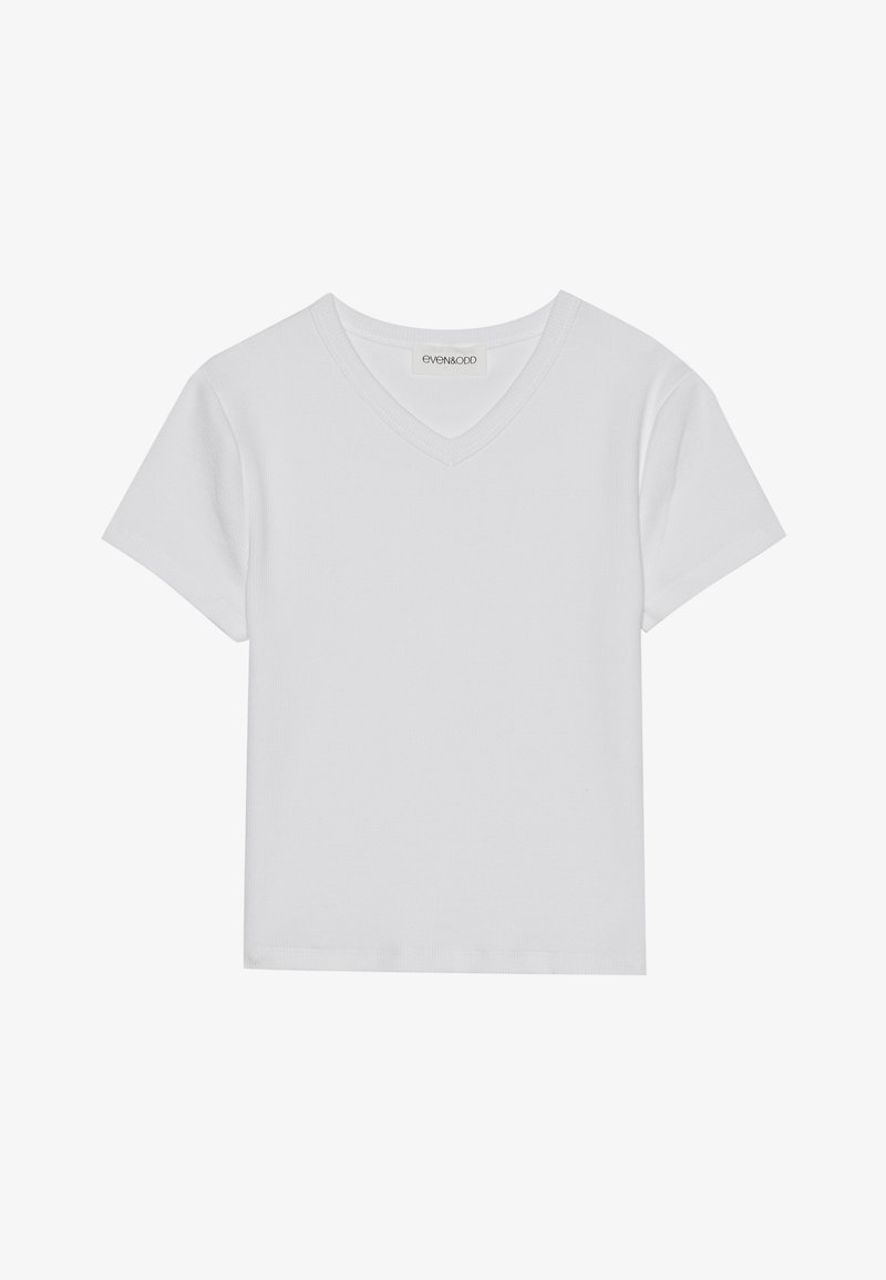 T-shirt blanc à manches courtes en V, en tissu côtelé. Présente un design épuré avec un ourlet droit et un minimum de détails.