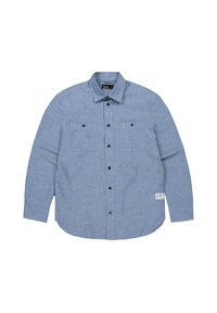 Lichtblauw overhemd met lange mouwen, een button-down kraag, twee borstzakken, zwarte knopen en een klein logo op de zoom.